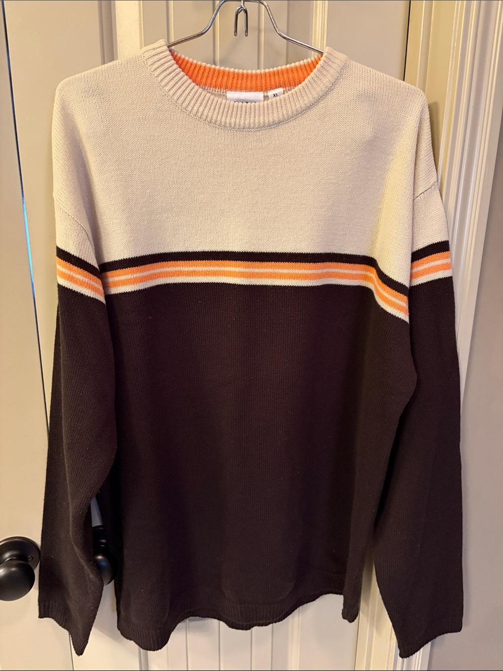 Men's Crewneck Colorblock Sweater in Cream, Brown & Orange
